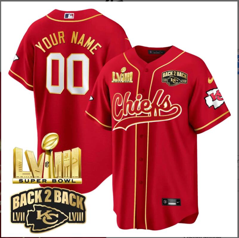Men 2024 Nike NFL Kansas City Chiefs Super Bowl LVIII & Back-2-Back Gold Patch Baseball Custom Jersey
